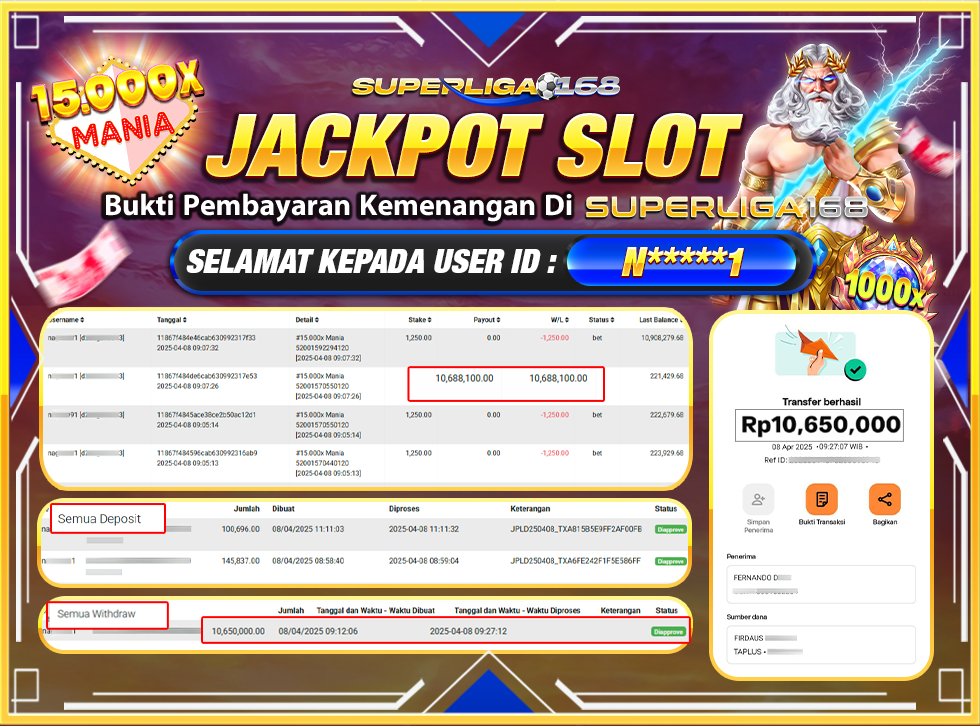 SUPERLIGA168 JACKPOT 15.000X MANIA  Rp.10.650.000,