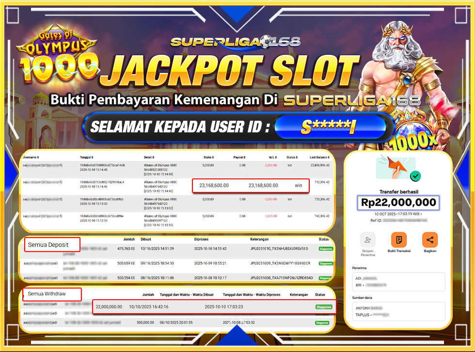 SUPERLIGA168 JACKPOT GATES OF OLYMPUS 1000 Rp.22,000,000-LUNASSSSS