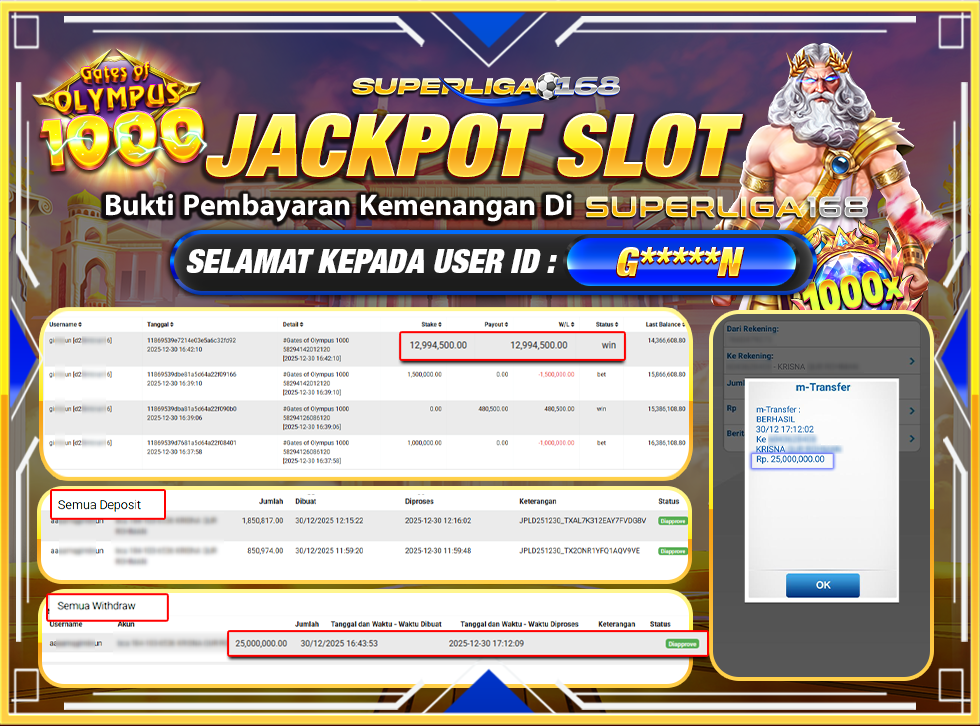 SUPERLIGA168 JACKPOT GATES OF OLYMPUS 1000 Rp.25,000,000LUNASS