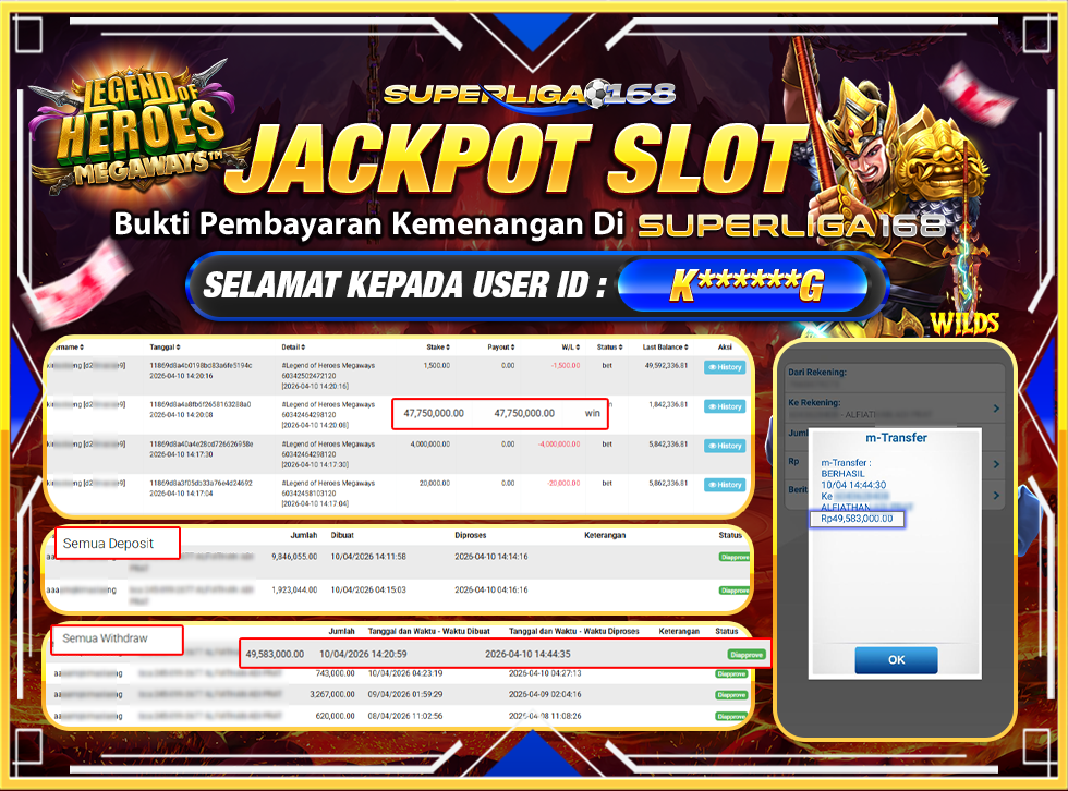 SUPERLIGA168 JACKPOT LEGEND OF HEROES MEGAWAYS Rp.49,583,000,LUNASSS