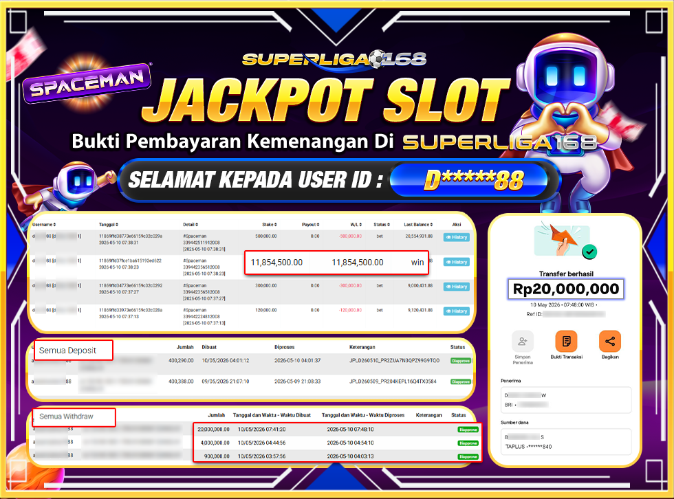 SUPERLIGA168 JACKPOT SPACEMAN Rp.20,000,000,LUNAS