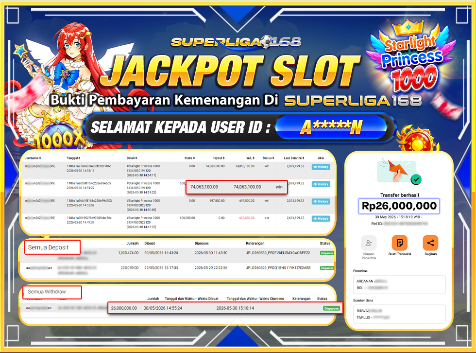 SUPERLIGA168 JACKPOT STARLIGHT PRINCESS 1000 Rp.26,000,000LUNAS