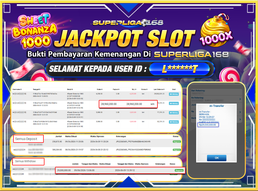 SUPERLIGA168 JACKPOT SWEET BONANZA 1000 Rp.29,000,000LUNASSS